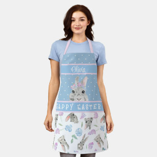 Happy Easter Bunny Rabbits and Blue Polka Dots Apron
