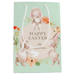 Happy Easter Bunny Rabbits Floral Personalised Medium Gift Bag