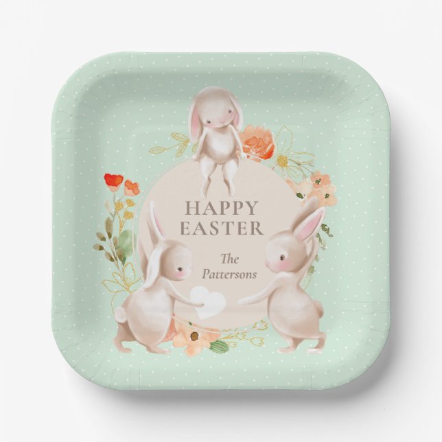 Happy Easter Bunny Rabbits Floral Personalised Paper Plate (Front)