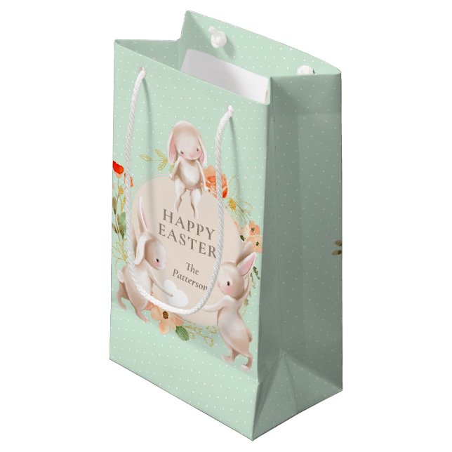 Happy Easter Bunny Rabbits Floral Personalised Small Gift Bag (Front Angled)