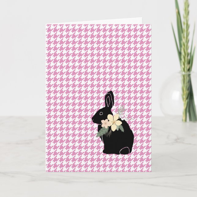 Happy Easter Bunny Silhouette Flowers Houndstooth Card (Front)
