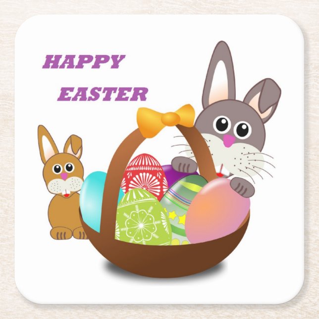 "HAPPY EASTER" BUNNY SQUARE PAPER COASTER (Front)