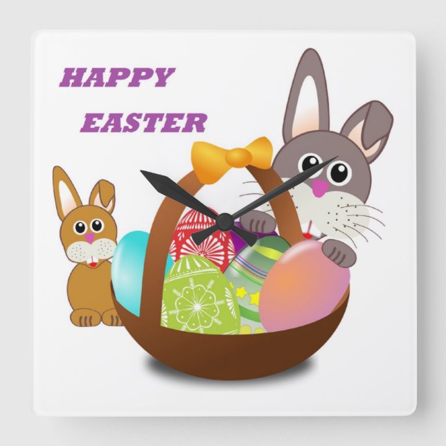 "HAPPY EASTER" BUNNY SQUARE WALL CLOCK (Front)