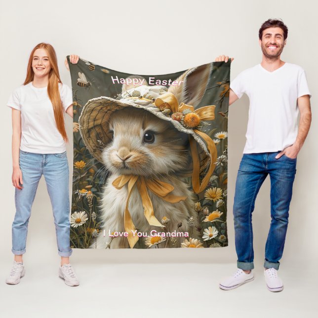 Happy Easter Bunny Straw Hat  Orange Ribbon Fleece Blanket (In Situ)
