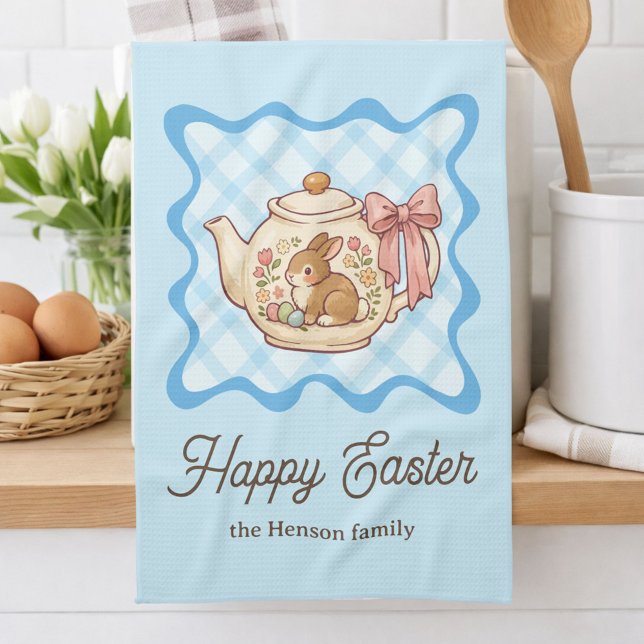 Happy Easter Bunny Teapot Gingham  Tea Towel (Creator Uploaded)