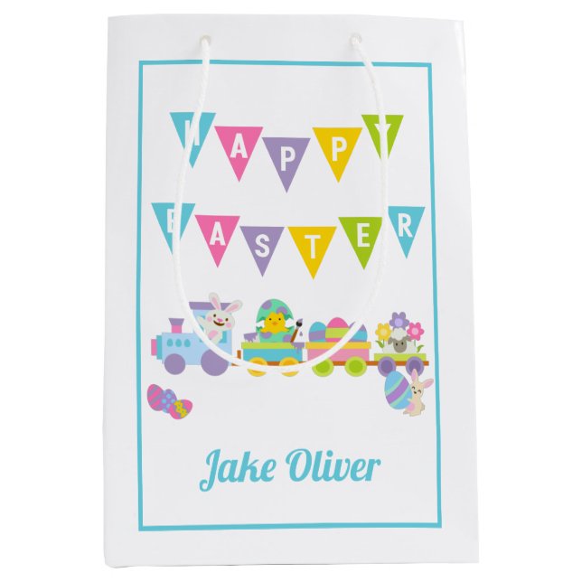 Happy Easter Bunny Train Blue Medium Gift Bag (Front)