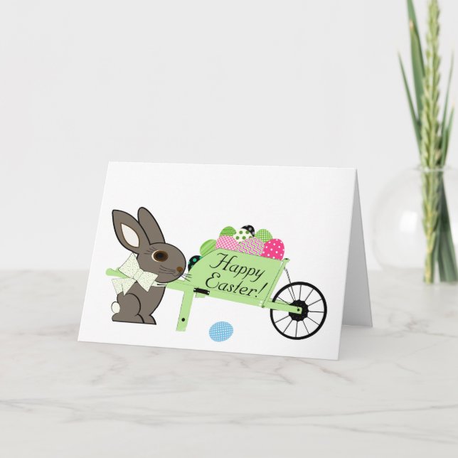 Happy Easter Bunny w Wheelbarrow of Eggs Greeting Card (Front)