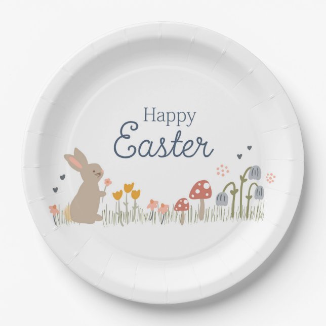 Happy Easter Bunny Wildflowers Cute Holiday Paper Plate (Front)