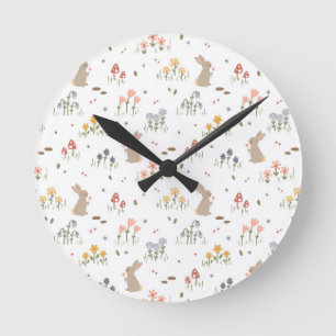 Happy Easter Bunny Wildflowers Cute Kids Bedroom Round Clock
