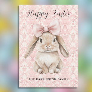 Happy Easter Bunny with Bow on Pink Damask Holiday Card