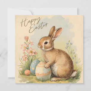 Happy Easter Bunny with Easter Eggs, Flowers Holiday Card