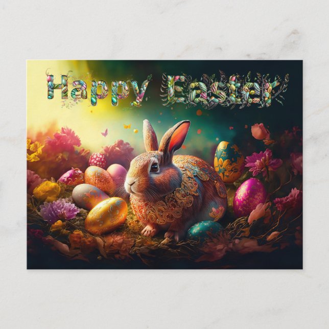 Happy Easter Bunny with Easter eggs Holiday Postcard (Front)