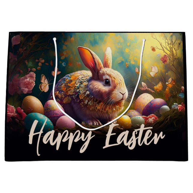 Happy Easter Bunny with Easter eggs Large Gift Bag (Front)