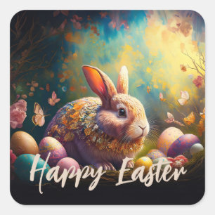 Happy Easter Bunny with Easter eggs Square Sticker