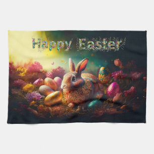 Happy Easter Bunny with Easter eggs Tea Towel