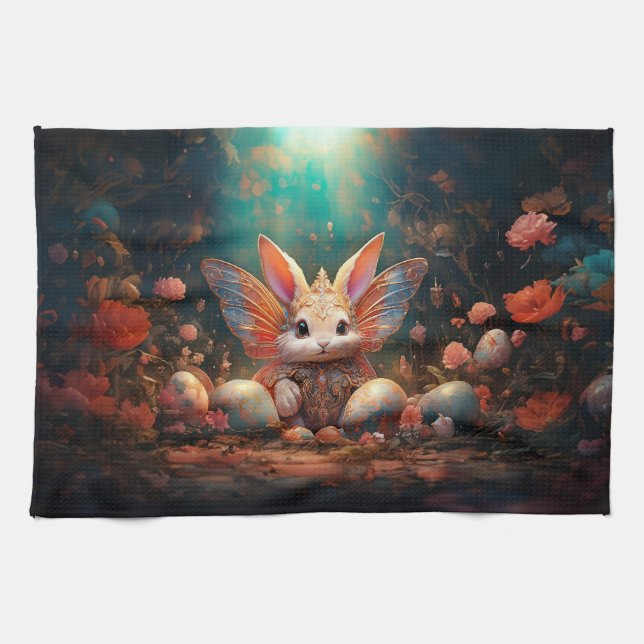 Happy Easter Bunny with Easter eggs Tea Towel (Horizontal)