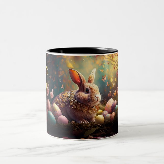 Happy Easter Bunny with Easter eggs Two-Tone Coffee Mug (Center)