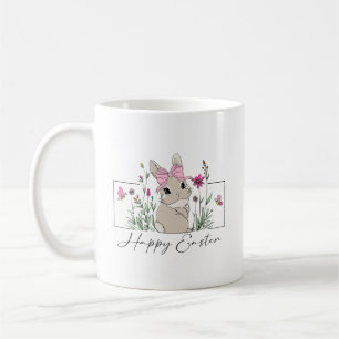 Happy Easter Bunny with Floral Design and Pink Bow Coffee Mug