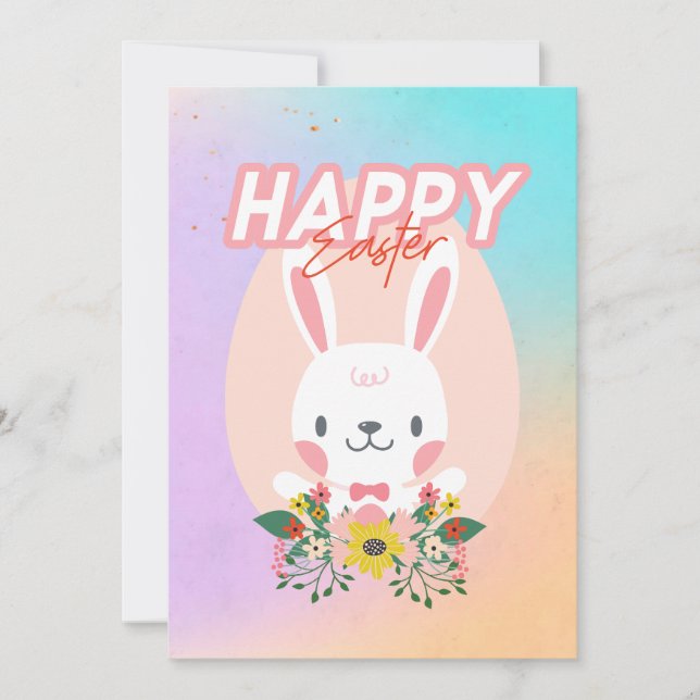 Happy Easter Bunny with Flowers Editable  Holiday Card (Front)