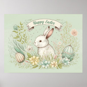 Happy Easter Bunny with Sage Green Florals Poster