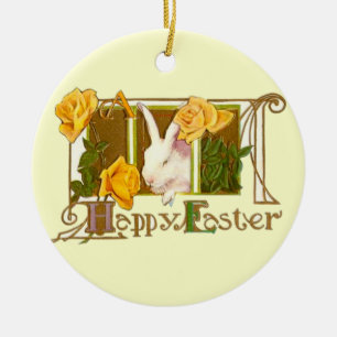 Happy Easter Bunny with Yellow Roses Ceramic Ornament