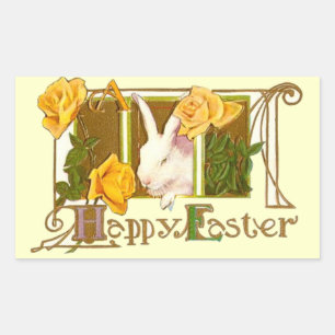 Happy Easter Bunny with Yellow Roses Rectangular Sticker