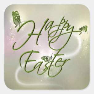 Happy Easter Butterflies Green And Grey Shades Square Sticker