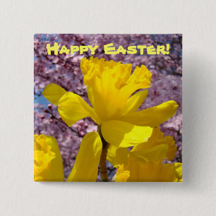 Happy Easter buttons Yellow Daffodils Pink Blossom