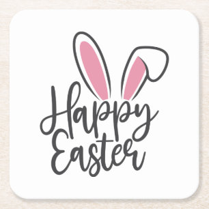 Happy Easter Calligraphy Bunny Ears Sunday Egg  Square Paper Coaster