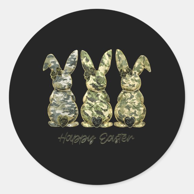Happy Easter Camo Bunny Rabbit Coquette Bow Classic Round Sticker (Front)