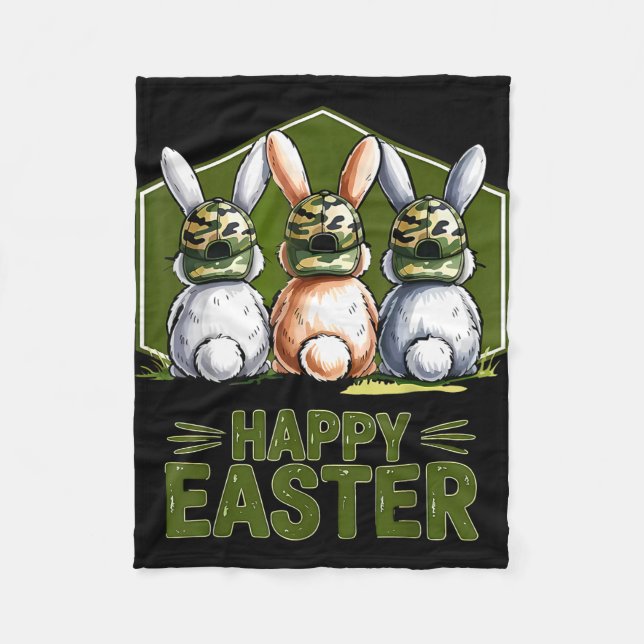 Happy easter camo bunny rabbit coquette bow fleece blanket (Front)