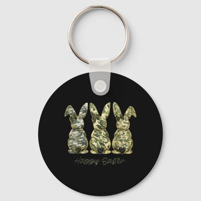 Happy Easter Camo Bunny Rabbit Coquette Bow Key Ring (Front)