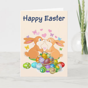 Happy Easter Card- 2 Bunnies- Colored Easter eggs Holiday Card