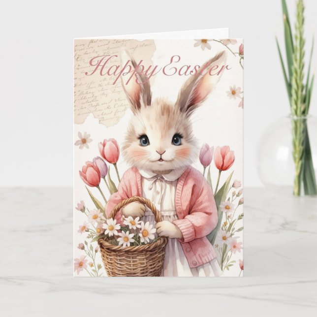 Happy Easter Card - Bunny with Flower Basket (Front)