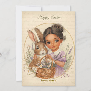 Happy Easter Card - Girl and Bunny with Basket