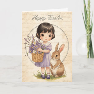 Happy Easter Card - Girl Bunny with Lavender