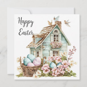 Happy Easter Card, Sweet House Easter Eggs Holiday Card