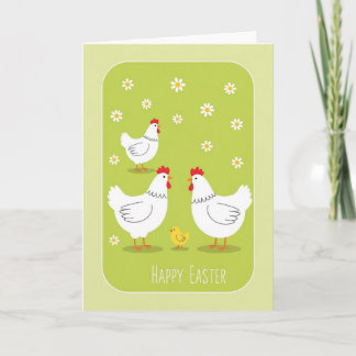 Happy Easter Card With White Hens and Yellow Chick