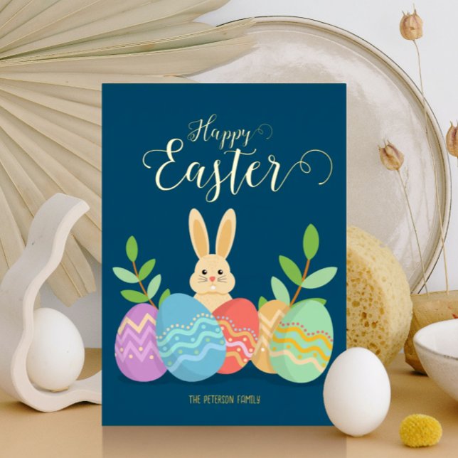Happy Easter | Cartoon Bunny & Eggs Gold Foil Holiday Card (Creator Uploaded)