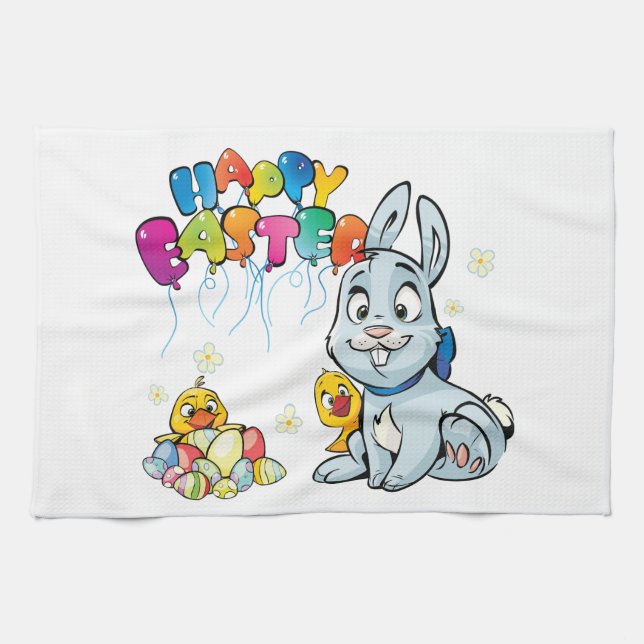 Happy Easter Cartoon Tea Towel (Horizontal)