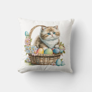 Happy Easter Cat Basket with Easter eggs & flowers Cushion