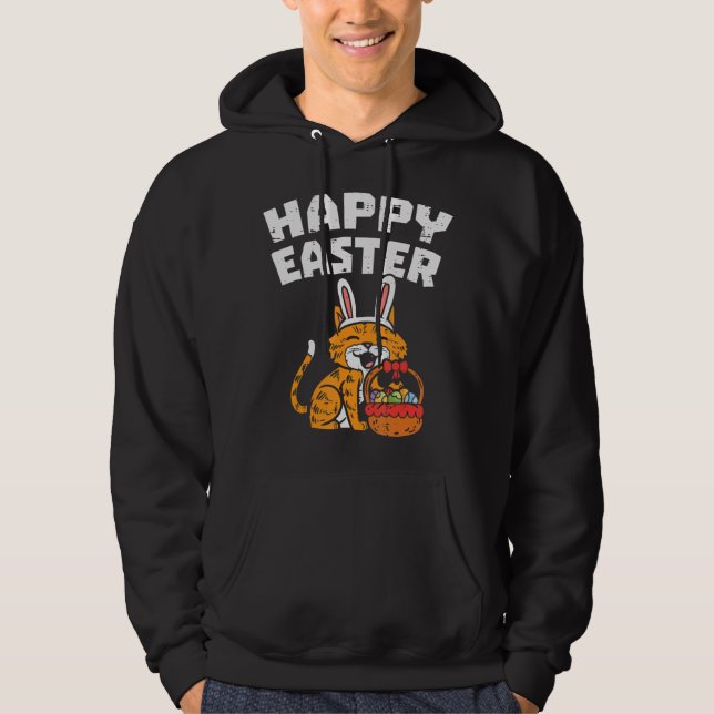 Happy Easter Cat Bunny Eggs Basket Kitten Men Wome Hoodie (Front)