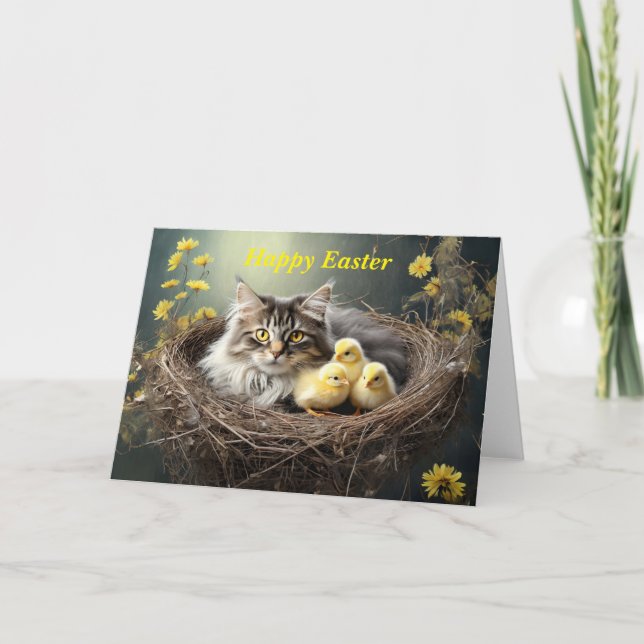 Happy Easter Cat with chicks  Card (Front)