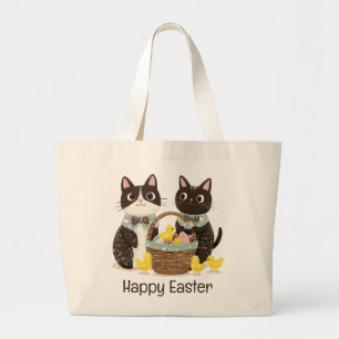 Happy Easter Cats Easter Basket Baby Chicks Large Tote Bag