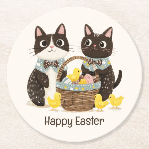 Happy Easter Cats Easter Basket Baby Chicks Round Paper Coaster
