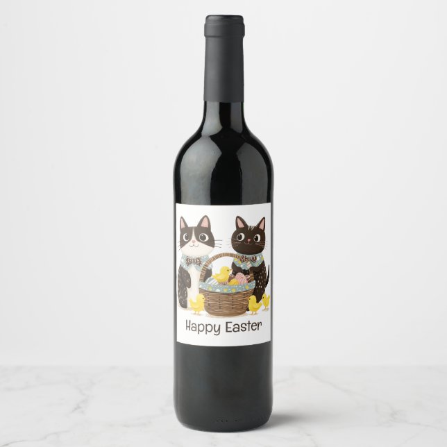 Happy Easter Cats Easter Basket Baby Chicks Wine Label (Front)