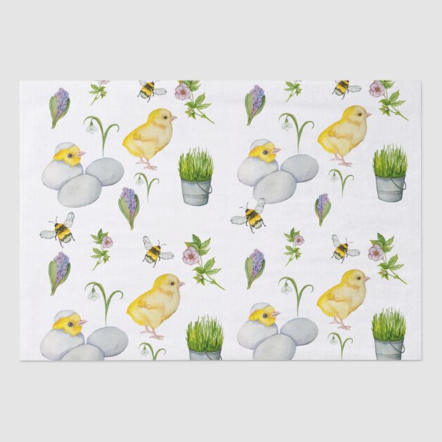 Happy Easter chick and spring flowers Tissue Paper (Front)