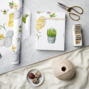 Happy Easter chick and spring flowers Wrapping Paper