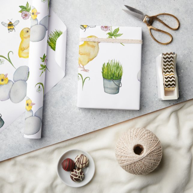 Happy Easter chick and spring flowers Wrapping Paper (Crafts)