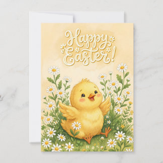 Happy Easter Chick Surrounded by Daisies Holiday Card